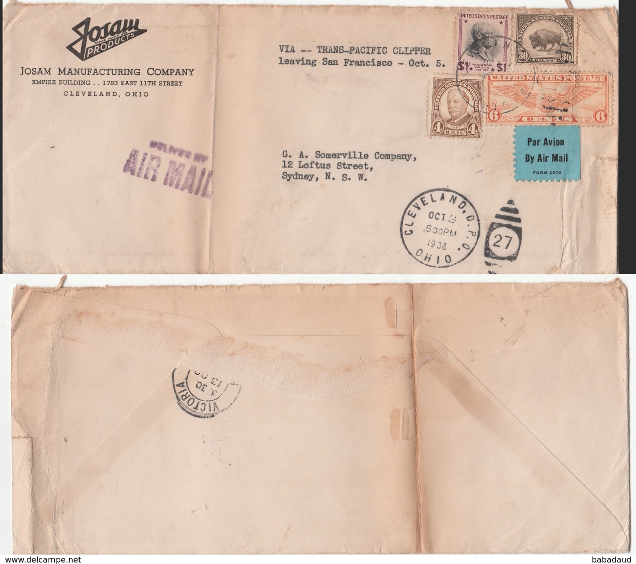 U.S.A. Air Mial Cover Franked $1.40, CLEVELAND OHIO OCT 3 1938 > Sydney, Australia, VICTORIA (HONG KONG) Transit - 1c. 1918-1940 Lettres