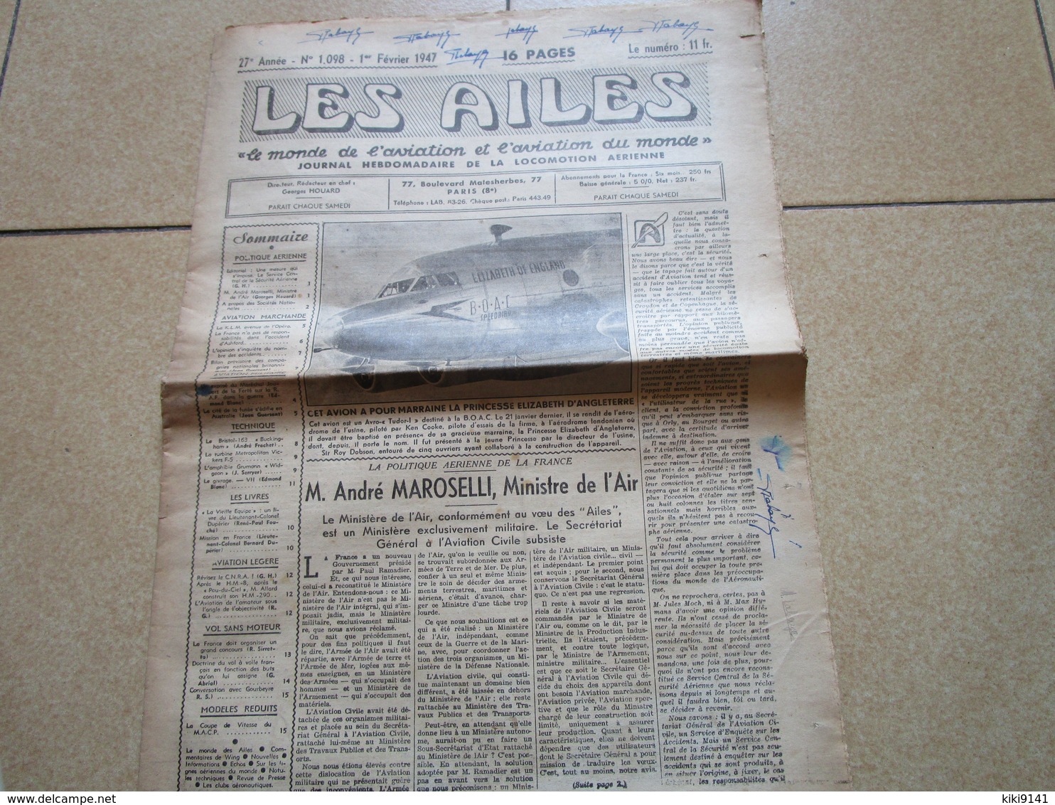 LES AILES - Journal Hebdomadaire De La Locomotion Aérienne - 26è Année - N° 1.098 - 1er Février 1947 - 16 Pages - Autres & Non Classés