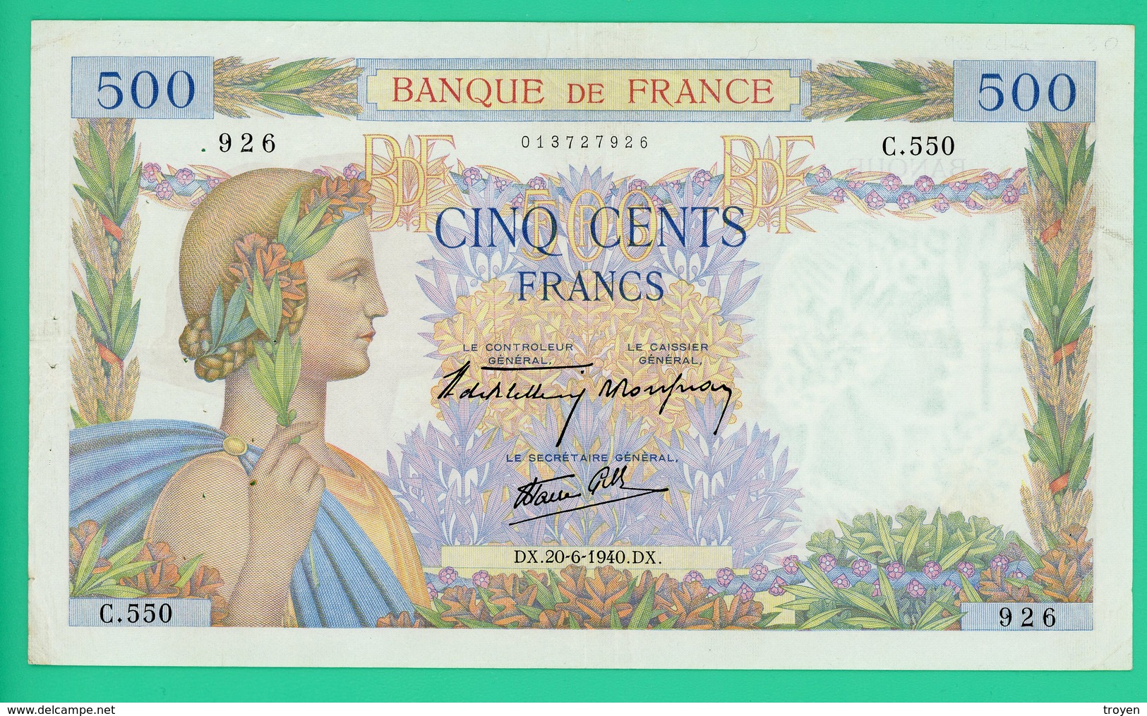 500 Franc - France -  LA PAIX - N° C.50/926 - DX.20-6-1940.DX.   - TTB+ - 500 F 1940-1944 ''La Paix''