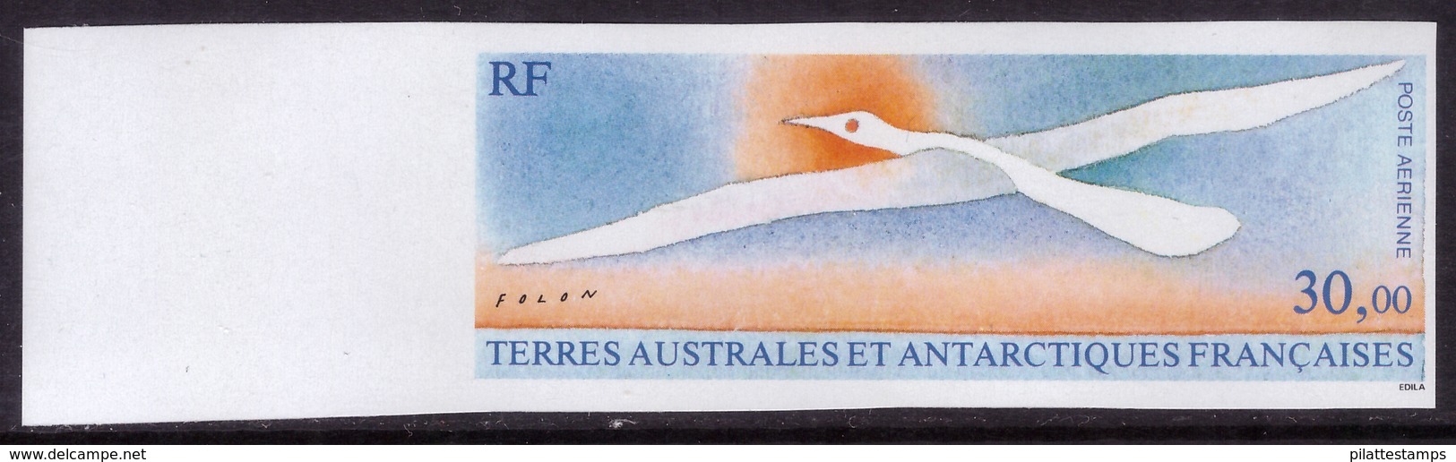 TERRES AUSTRALES NON DENTELE ET PROJET AGRANDI 72MM X 30MM SANS LEGENDES SUR PAPIER GOMME SIGNE FOLON DU PA N°114 OISEAU - Imperforates, Proofs & Errors