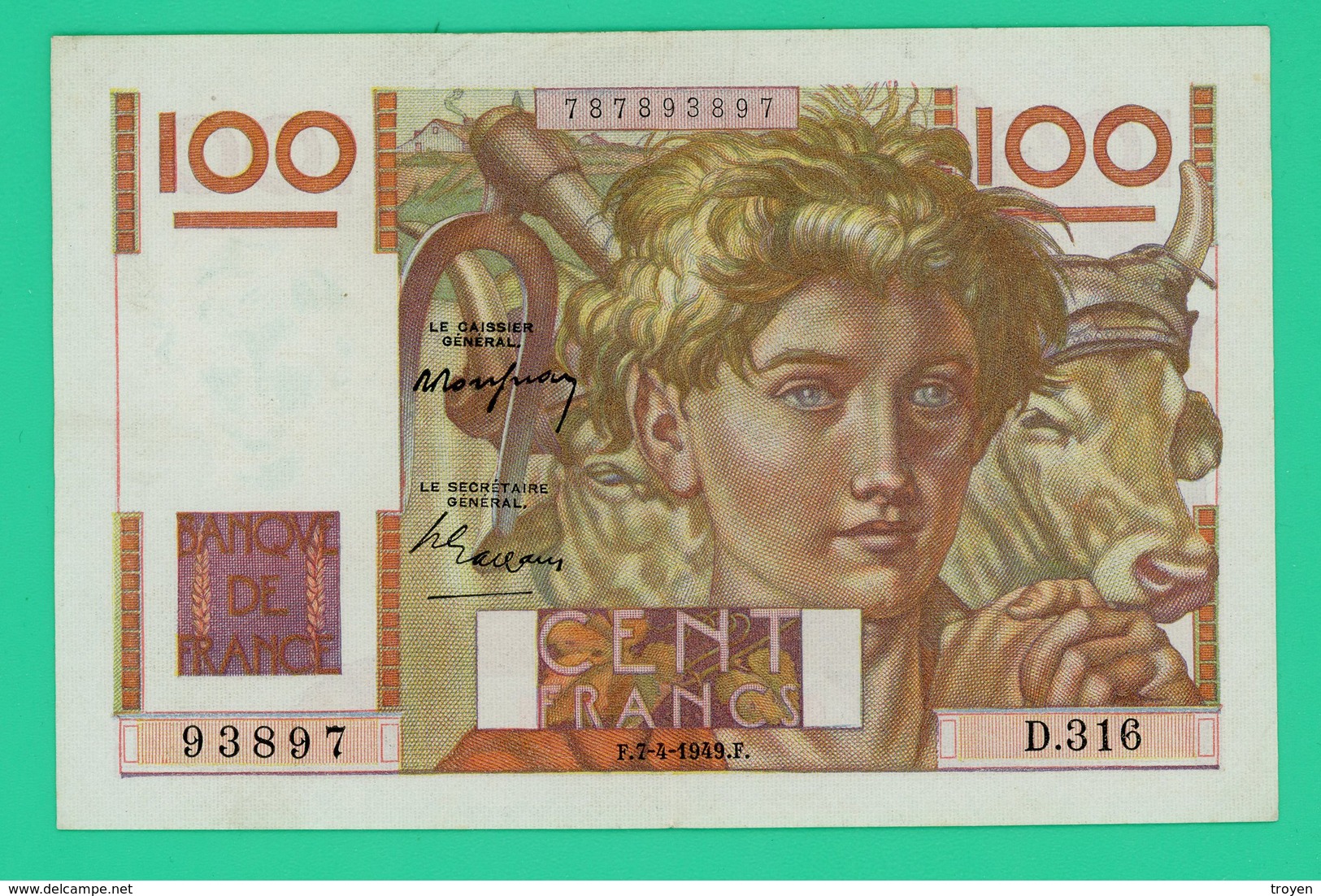 100 Francs - France -  Jeune Paysan - N° D.316/93897  F.7-4-1949.F.    - Sup - 100 F 1945-1954 ''Jeune Paysan''