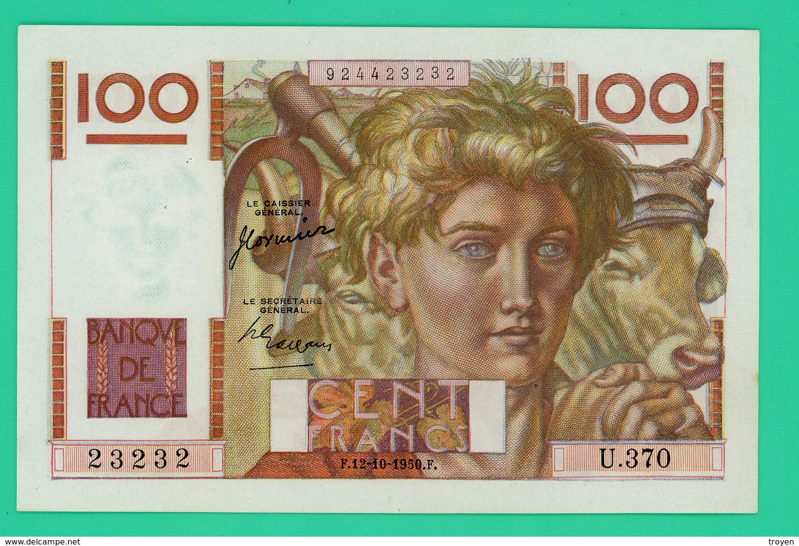 100 Francs - France -  Jeune Paysan - N°U.370/23232 - F.12-10-1950.F.  - Sup - 100 F 1945-1954 ''Jeune Paysan''