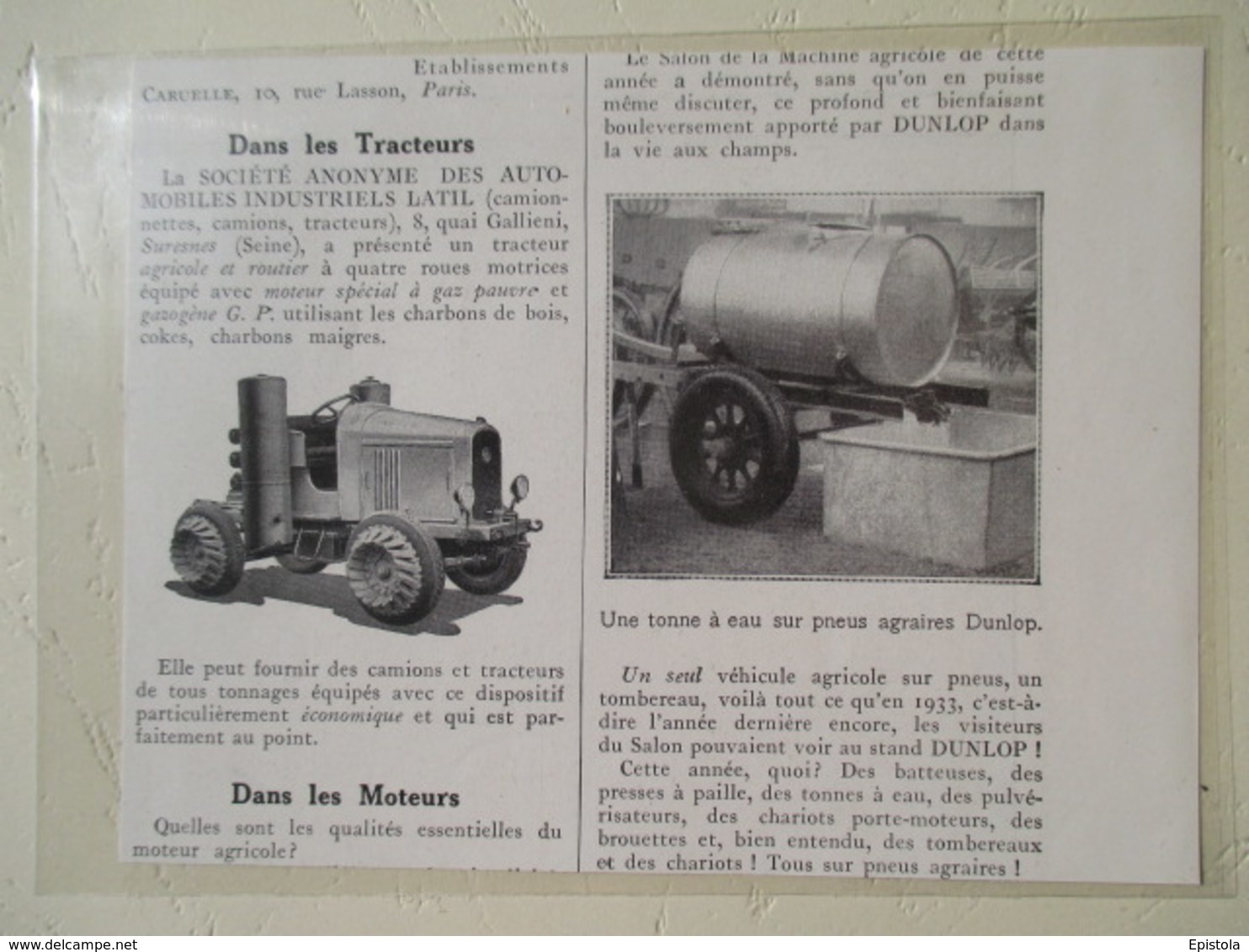 Tracteur Gazogène à Quatre Roues Motrices  -   Ets LATIL à Suresnes (Seine)   - Coupure De Presse De 1934 - Tracteurs