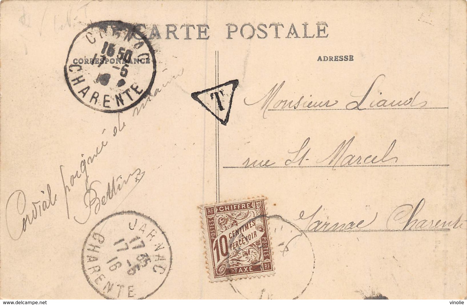 20-4664 : CARTE POSTALE TAXEE A 10 CENTIMES. CACHET DE COGNAC ET JARNAC. CHARENTE. 17 JUIN 1916 - 1859-1959 Lettres & Documents