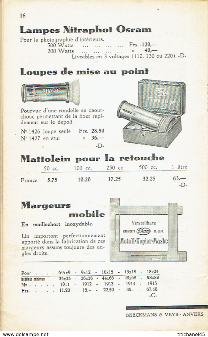 Catalogue de 1933 BEECKMANS & VEYS - Matériel & accessoires PHOTO - 28 pages