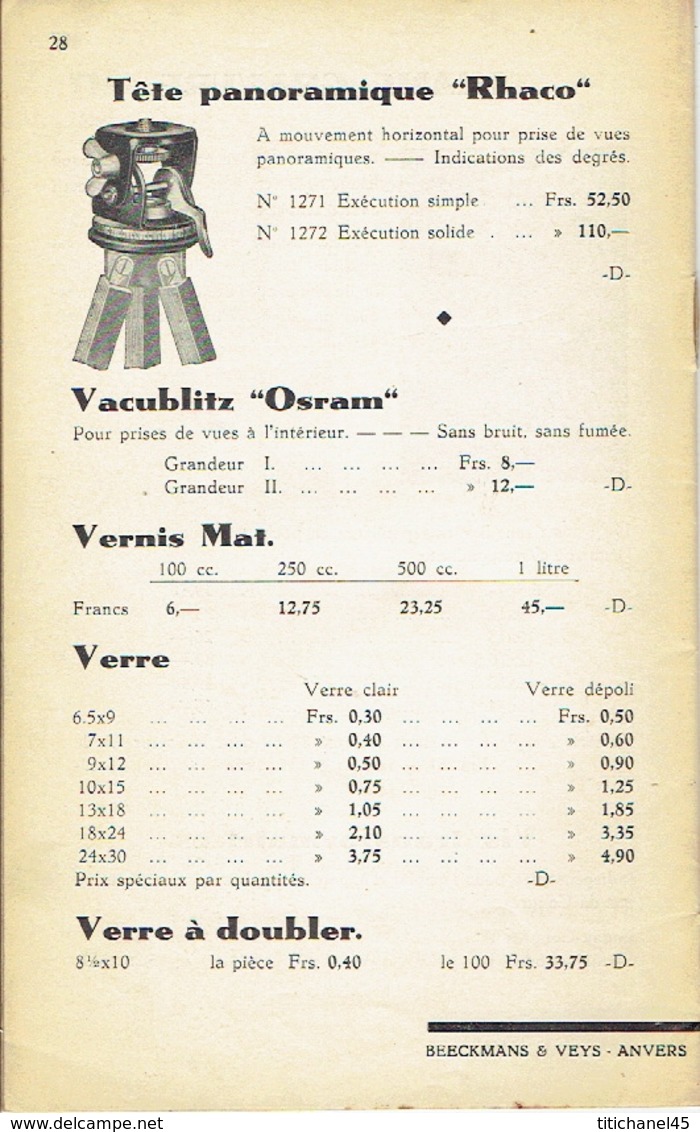 Catalogue de 1933 BEECKMANS & VEYS - Matériel & accessoires PHOTO - 28 pages