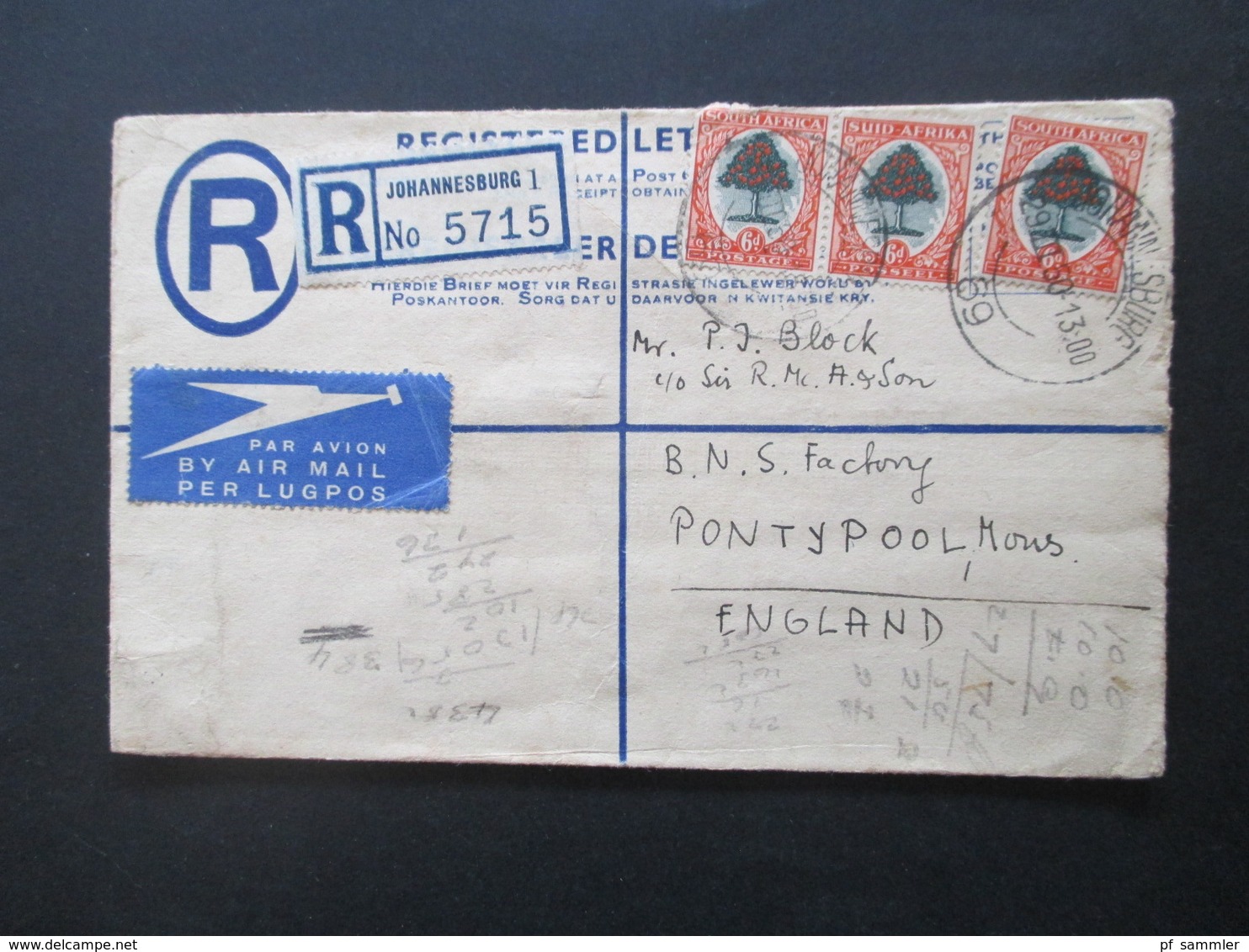 GB Kolonie Süd Afrika / South Afrika Registered Letter 1960 Johannesburg 1 Nach Pontypool England Air Mail / Luftpost - Briefe U. Dokumente