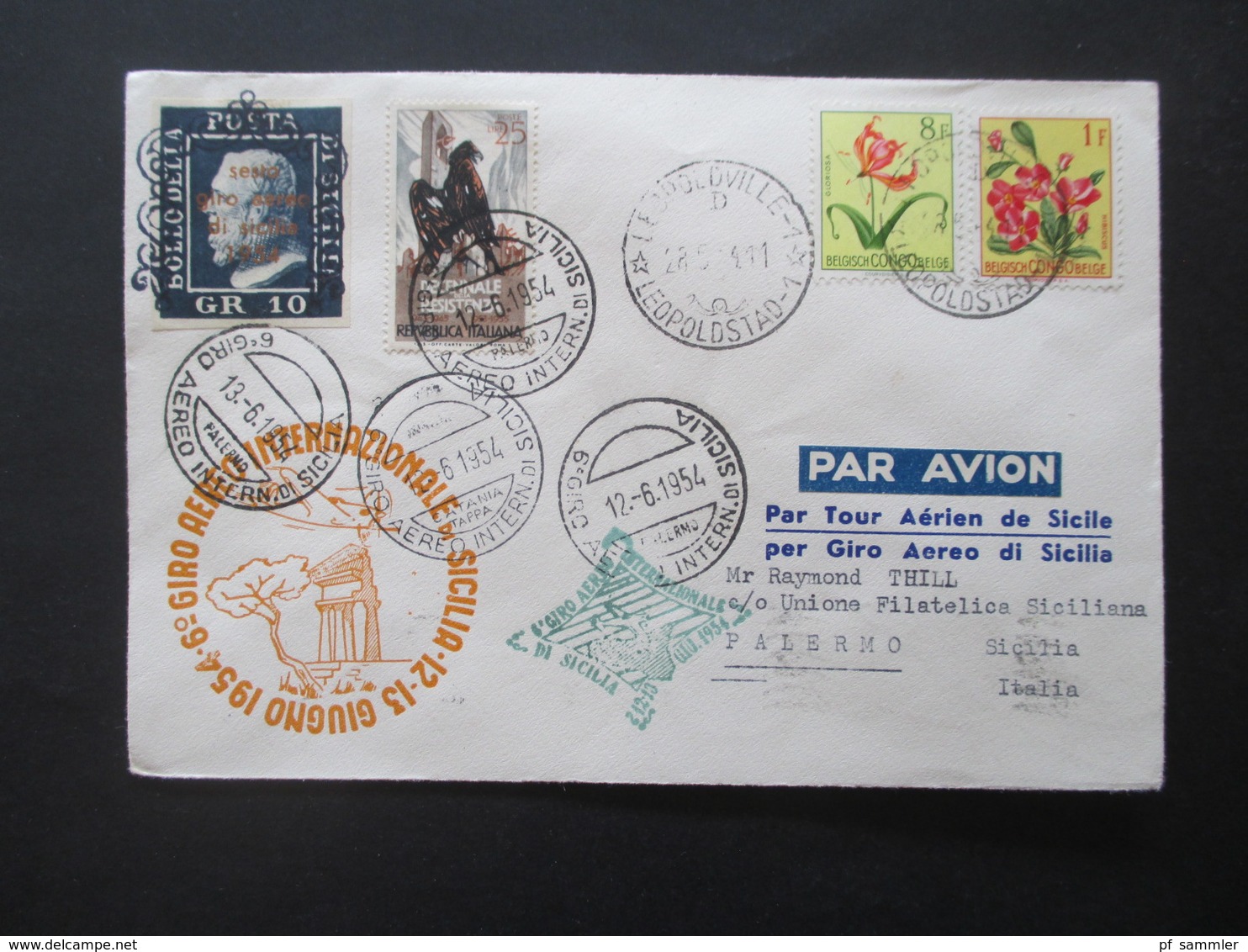 Italien / Belgisch Congo 1954 Luftpost / Aeroclub Palermo / Giro Aereo Intern Di Sicilia Mit Original Unterschrift Pilot - Luftpost