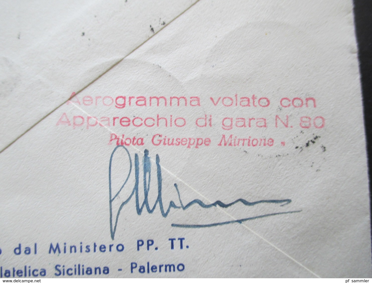 Italien / Belgisch Congo 1954 Luftpost / Aeroclub Palermo / Giro Aereo Intern Di Sicilia mit original Unterschrift Pilot