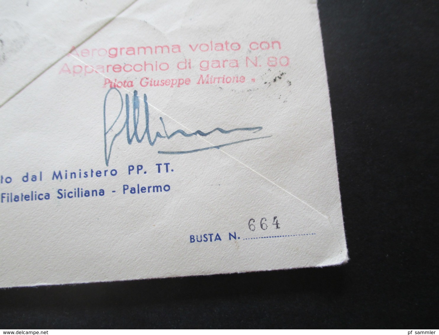 Italien / Belgisch Congo 1954 Luftpost / Aeroclub Palermo / Giro Aereo Intern Di Sicilia mit original Unterschrift Pilot