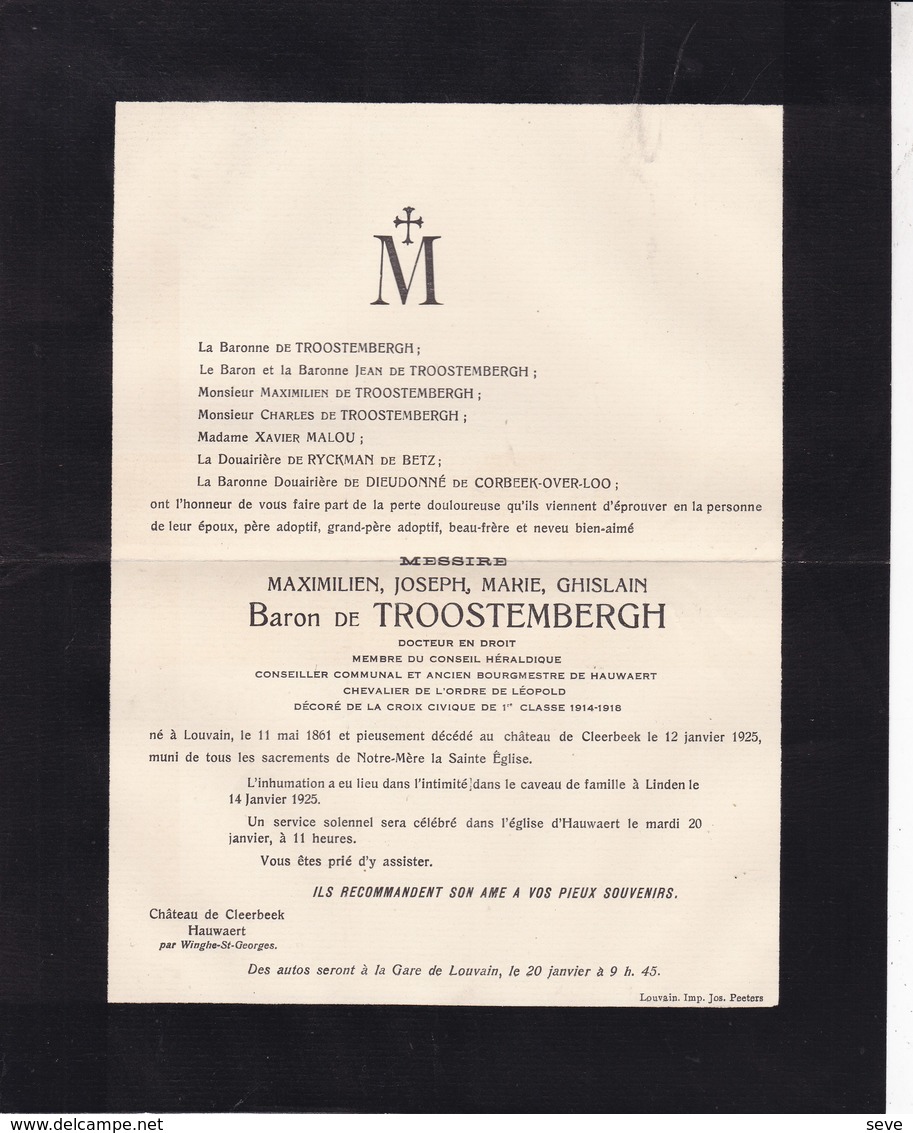 LOUVAIN Château De CLEERBEEK Maximilien Baron De TROOSTEMBERGH Burgemeester HOUWAART HAUWAERT 1925 Linden - Obituary Notices