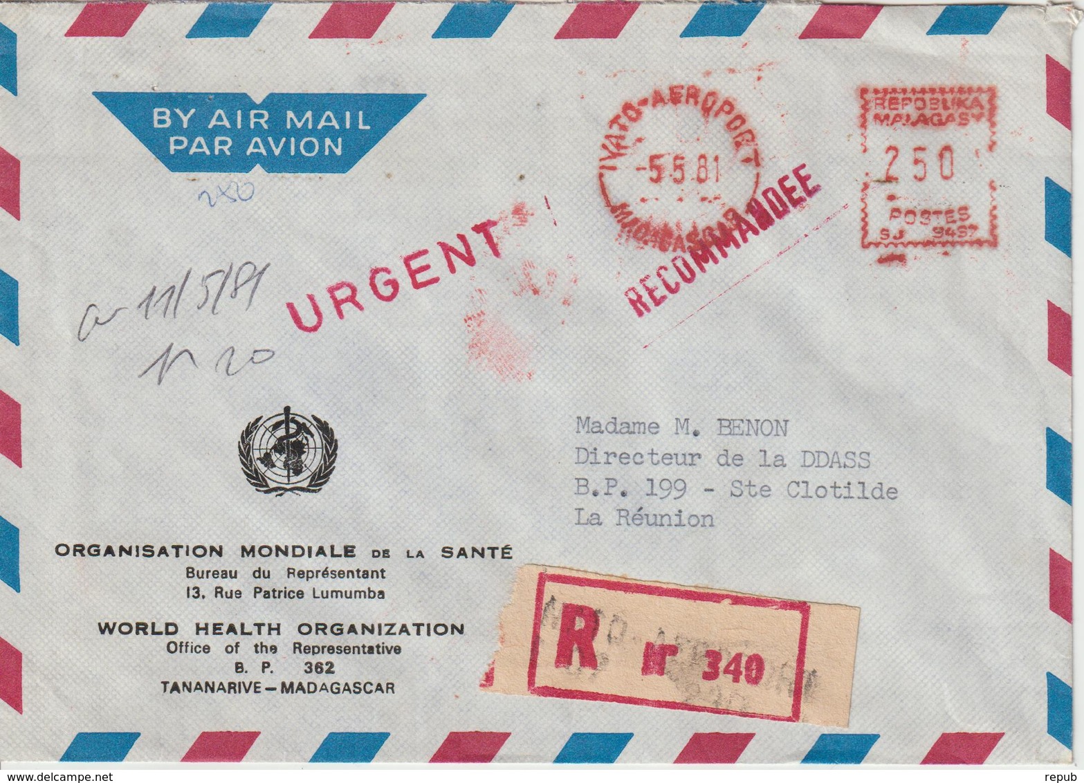 Madagascar EMA 1981 Sur Lettre Recommandée OMS Pour La Réunion - Madagascar (1960-...)