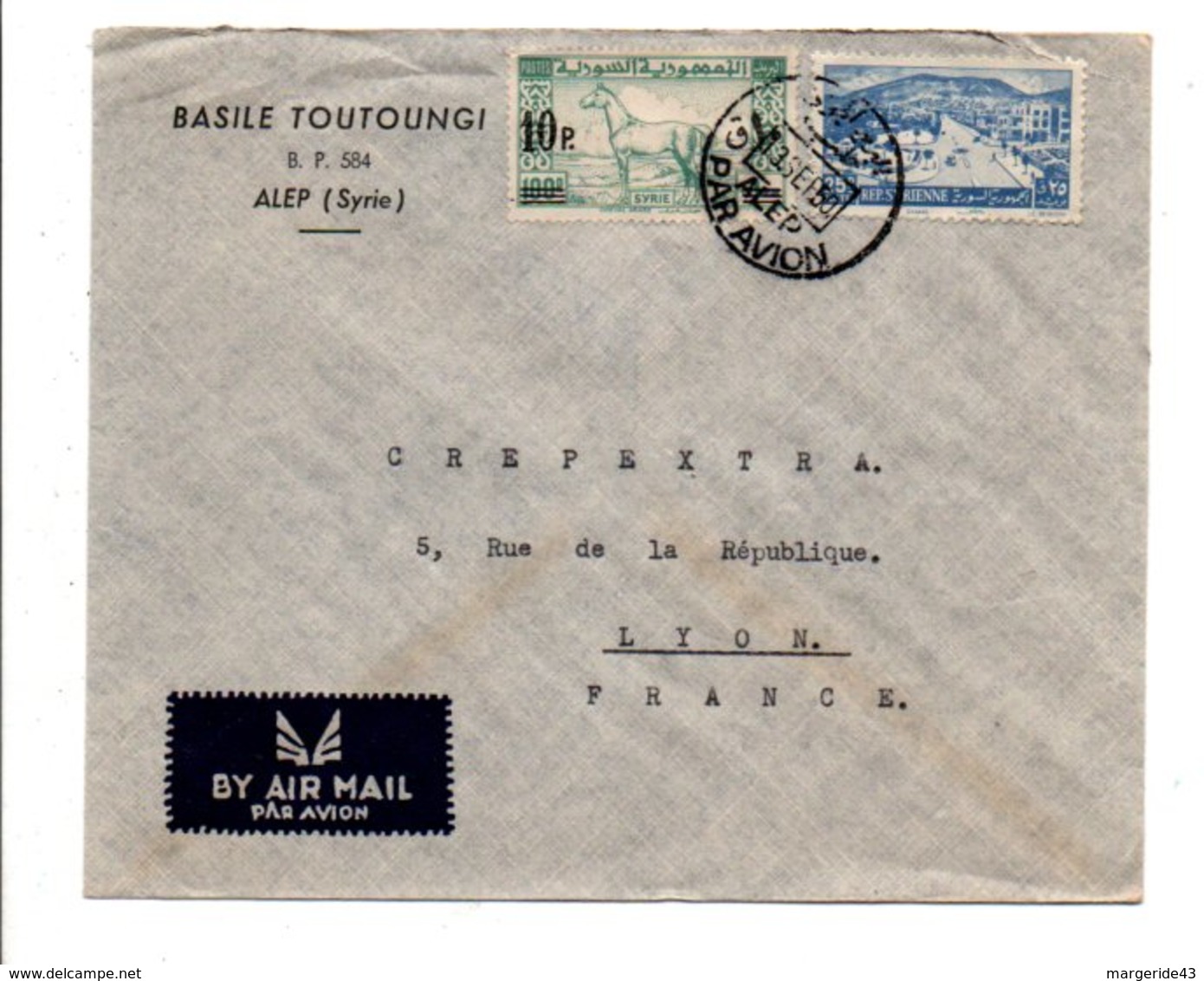 SYRIE AFFRANCHIOSSEMENT COMPOSE SUR LETTRE A EN TETE DE ALEP POUR LA FRANCE 1950 - Syrie