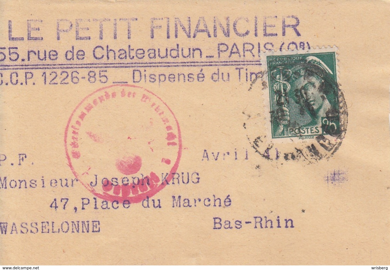 Bande Journal Affr Y&T 411 Obl PARIS Du 30.9.41 Adressée à Wasselonne Avec Censure - Guerre De 1939-45