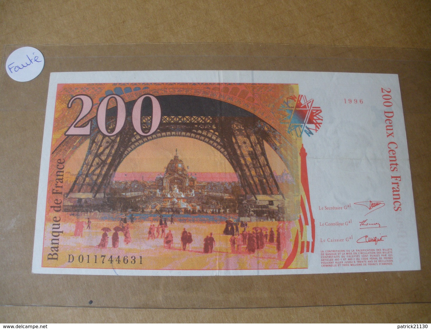 BILLET DE 200F EIFFEL  1996 FAUTE IMPRESSION DECALEE - 200 F 1995-1999 ''Eiffel''