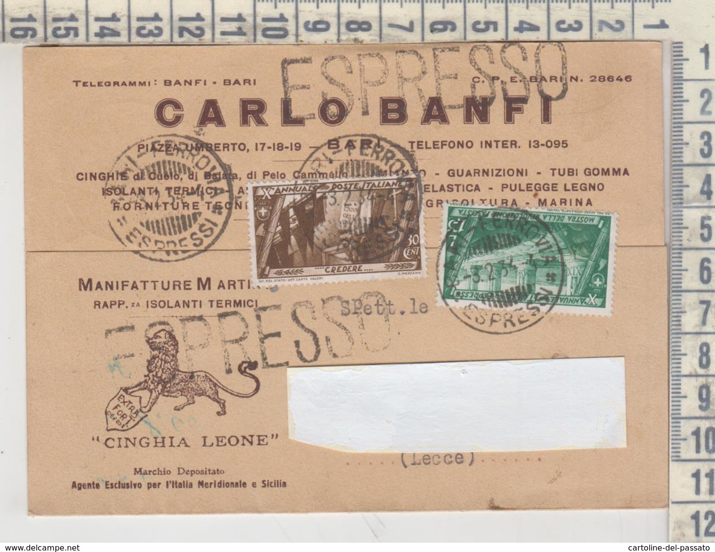 BARI STORIA POSTALE 1934 BARI CARLO BANFI MANIFATTURE ARTI AMB. FOGGIA LECCE GALATONE ESPRESSO - Storia Postale