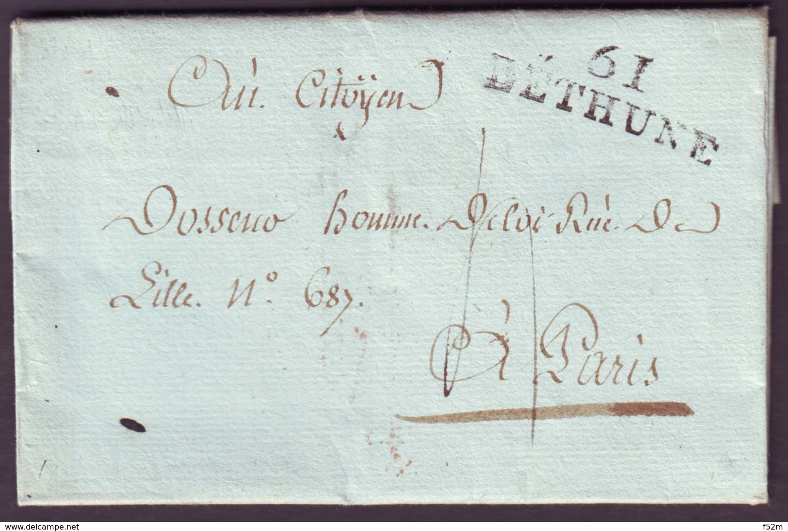 PAS DE CALAIS - LAC - 61 BETHUNE (37x11) (1803) + Taxe 4 Pour Paris (60) - 1801-1848: Précurseurs XIX