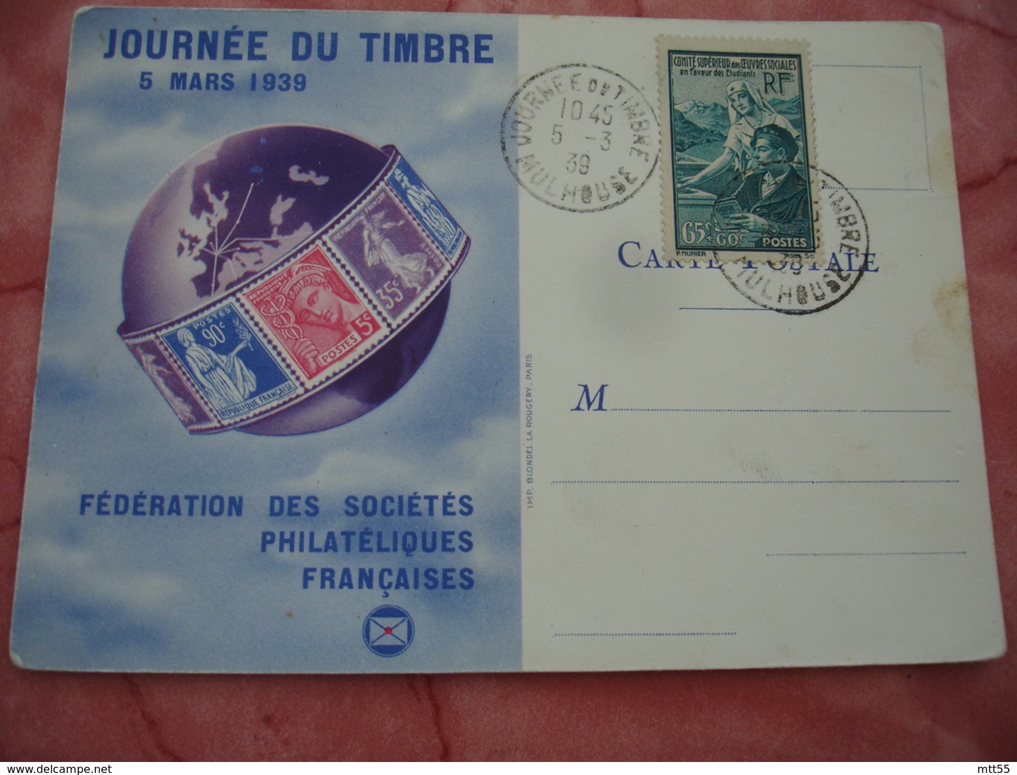 1939 Sur Timbre 65 C Plus 60 C  Comite Oeuvres Sociales Faveur Des Etudiants Journee Du Timbre - Guerre De 1939-45