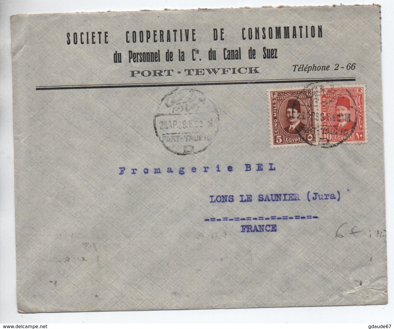 EGYPTE / EGYPT - 1928 - ENVELOPPE COMMERCIALE De PORT TEWFICK Pour LONS LE SAUNIER (JURA) - Covers & Documents