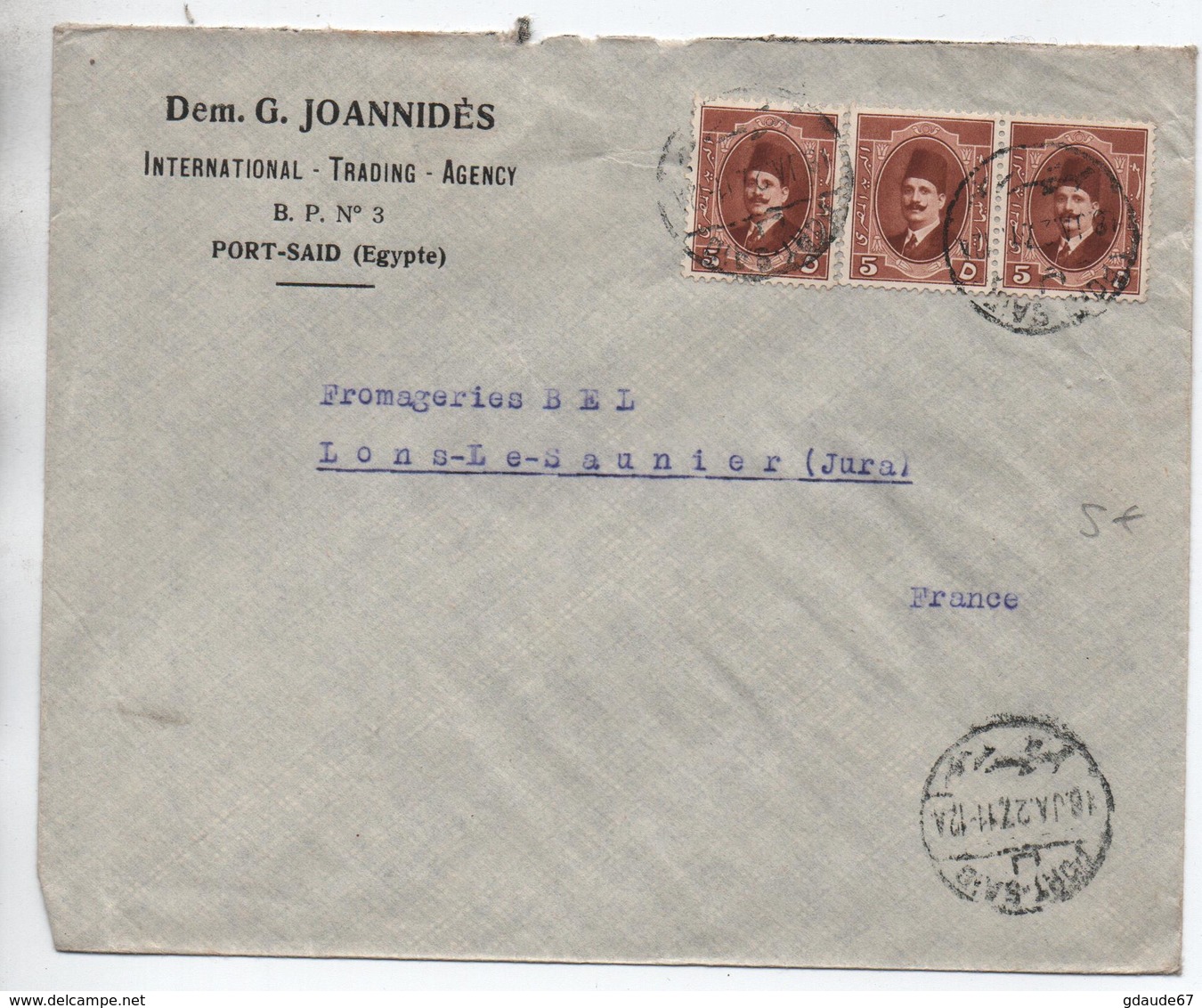 EGYPTE / EGYPT - 1927 - ENVELOPPE COMMERCIALE De PORT SAID Pour LONS LE SAUNIER (JURA) - Lettres & Documents