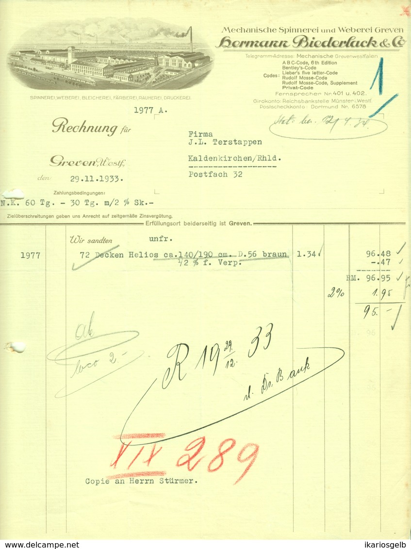 GREVEN Westfalen Rechnung 1933 Deko " Hermann Biederlack & Co - Mechanische Spinnerei Weberei " - Textile & Clothing