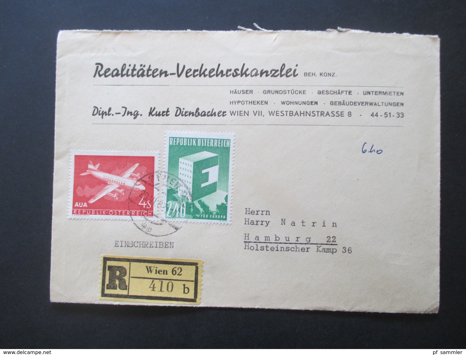 Österreich 1962 MiF Einschreiben Wien 62 - Hamburg Realitäten Verkehrskanzlei Rücks. Stempel Empfänger Nicht Angetroffen - Brieven En Documenten
