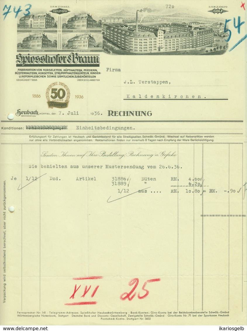 HEUBACH Bopfingen Böhmenkirch Waldstetten Mögglingen Rechnung 1936 Deko " Spiesshofer&Braun - Triumph Korsett BH Mieder" - Vestiario & Tessile