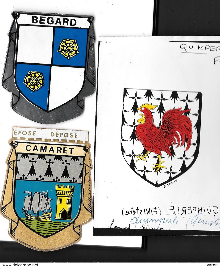 3 ECUSSONS Adhésifs -auto-collants  BLASON / ARMOIRIES /HERALDIQUE -BRETAGNE - CAMARET - BEGARD - QUIMPERLE - Obj. 'Souvenir De'