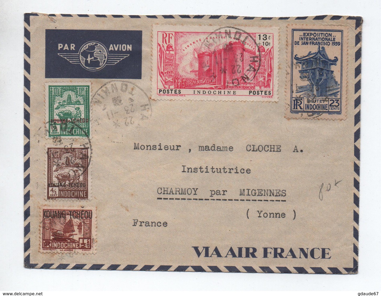 INDOCHINE - 1938 - ENVELOPPE PAR AVION De HANOI (TONKIN) - SURCHARGES KOUANG TCHEOU & TIMBRE DE LA SERIE REVOLUTION - Storia Postale