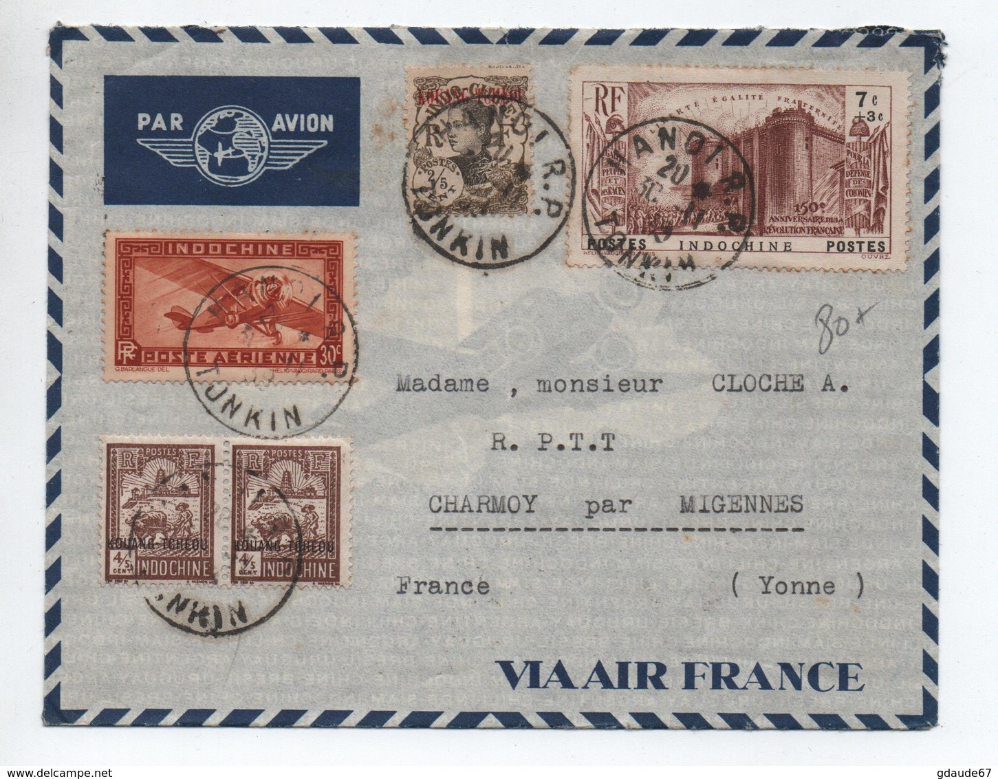 INDOCHINE - 1939 - ENVELOPPE PAR AVION De HANOI (TONKIN) - SURCHARGES KOUANG TCHEOU & TIMBRE DE LA SERIE REVOLUTION - Storia Postale