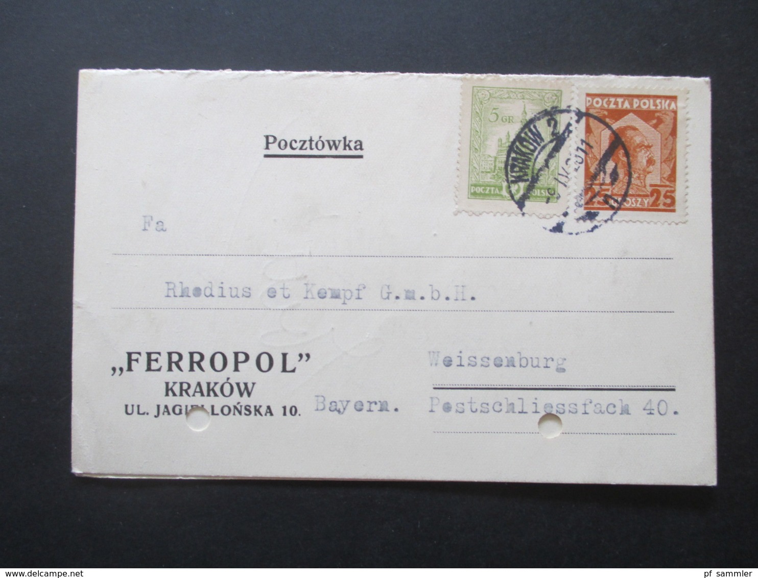 Polen 1928 Firmenkarte Ferropol Krakow Nach Weissenburg Bestellung Von Schwämmen - Briefe U. Dokumente