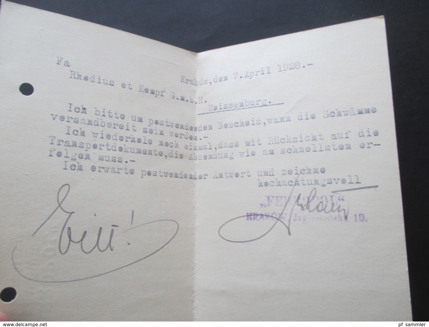 Polen 1928 Firmenkarte Ferropol Krakow Nach Weissenburg Bestellung Von Schwämmen - Briefe U. Dokumente