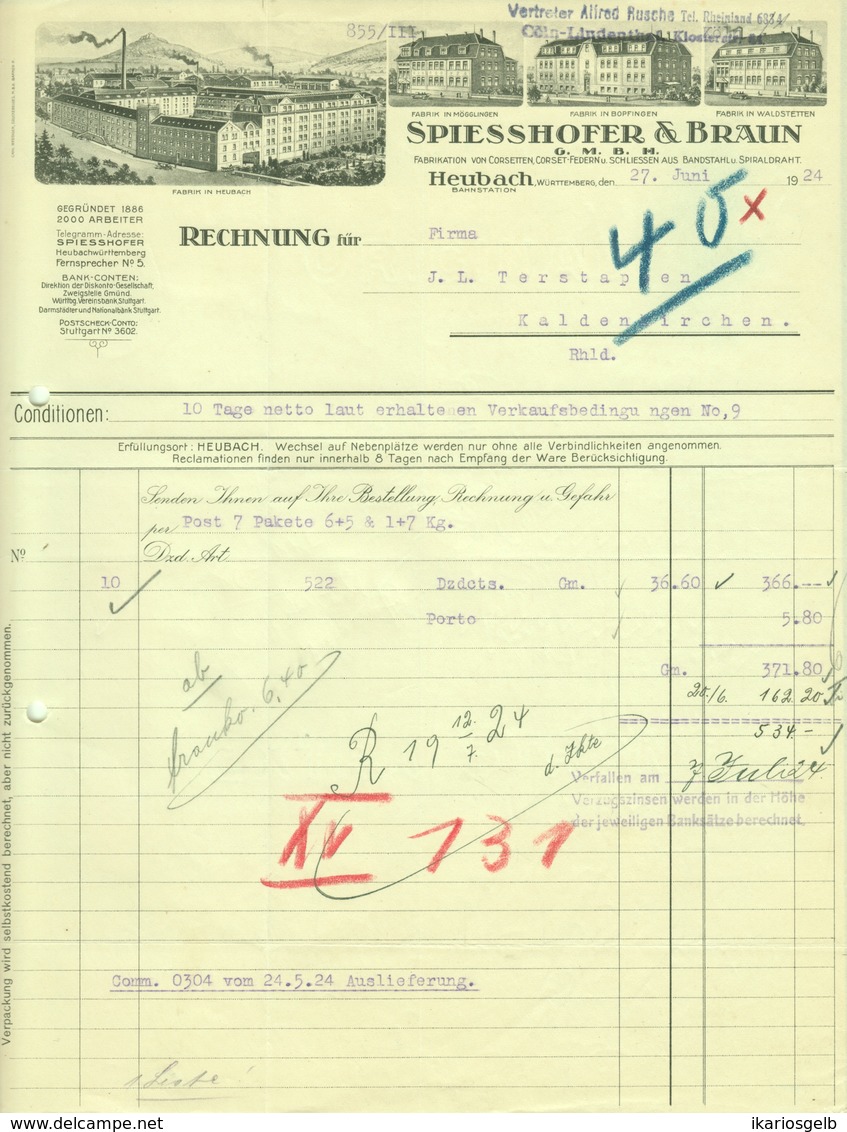 HEUBACH Mögglingen Bopfingen Waldstetten Rechnung 1924 Deko " Spiesshofer&Braun -TriumphCosett-Federn,Schließen A Stahl" - Vestiario & Tessile