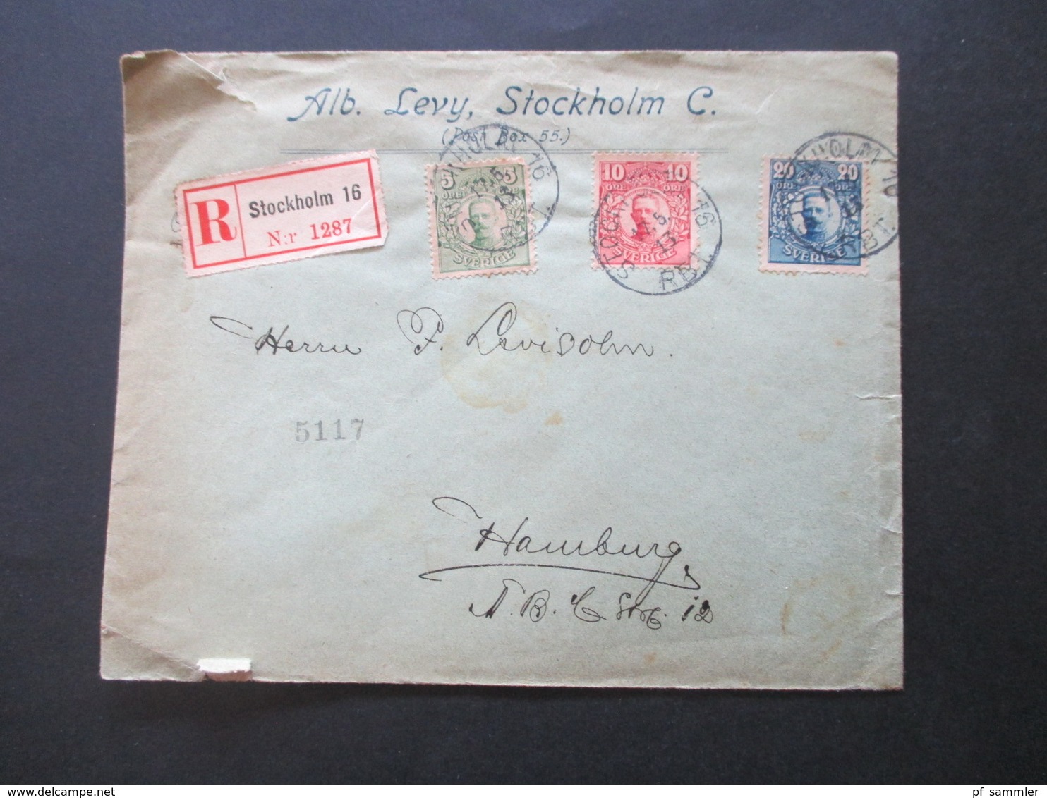 Schweden 1911 / 1913 König Gustaf V. MiF / Dreifarbenfrankatur Einschreiben Alb. Levy Stockholm 16 - Hamburg Mit Handsch - Briefe U. Dokumente