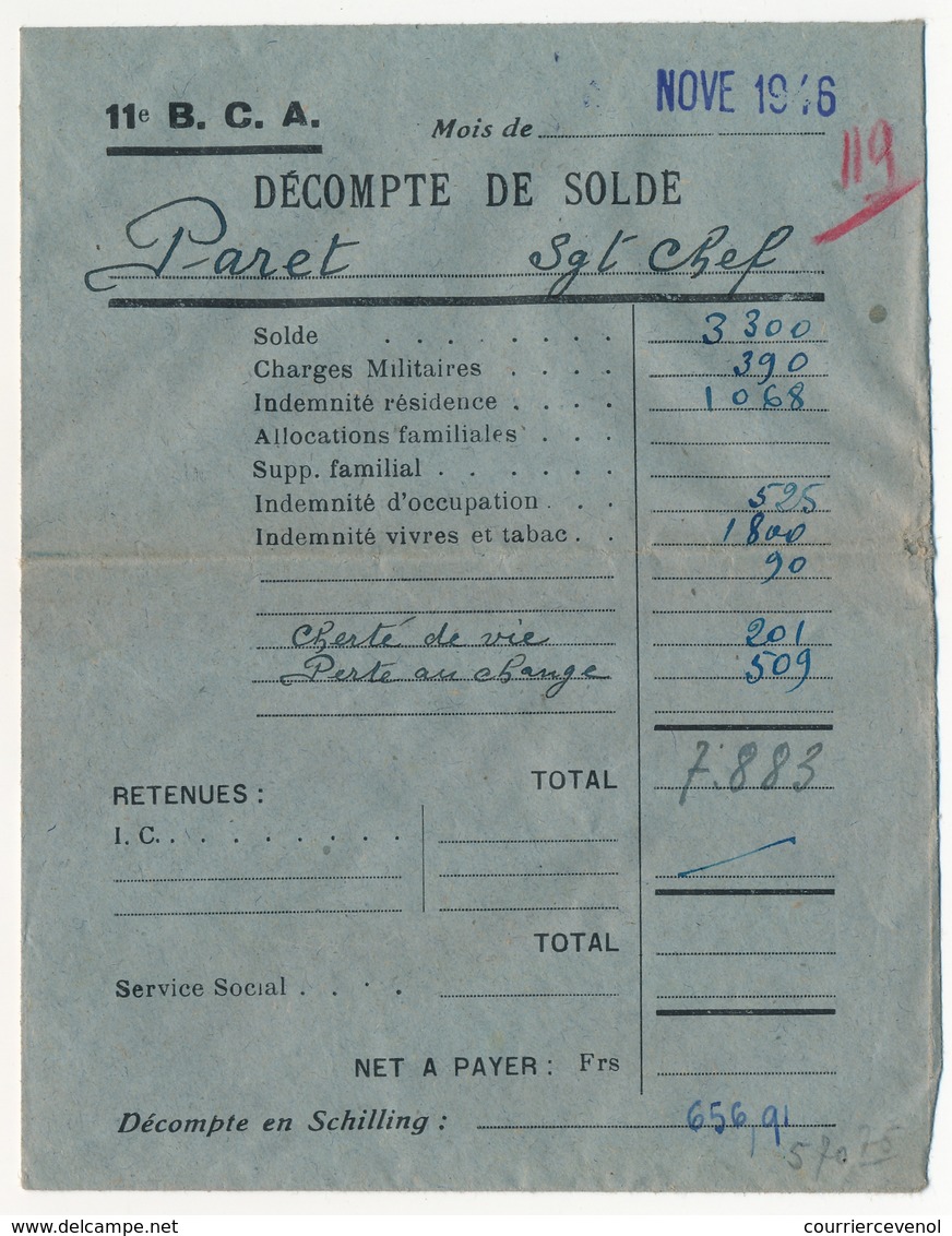 117me B.C.A. (Chasseurs Alpins) - 2 Enveloppes "Décompte De Solde" - Occupation En Autriche 1946 - Dokumente
