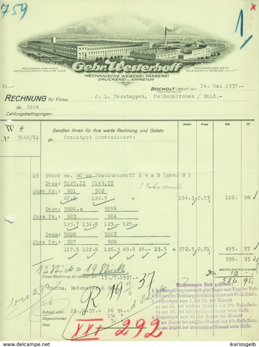 BOCHOLT  Rechnung 1937 Deko " Gebr.Westerhoff - Mechanische Weberei Färberei Trachtenstoffe " - Textilos & Vestidos