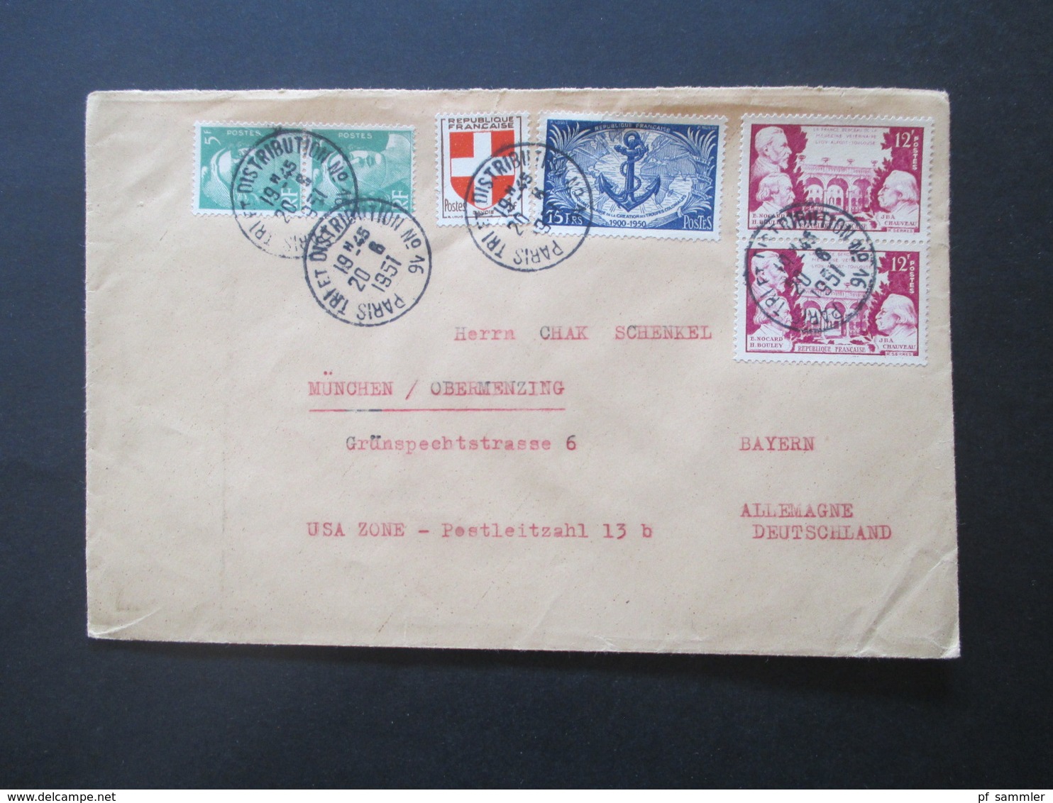 Frankreich 1951 MiF Stempel Paris Tri E.T. Distribution No 16 Absender Poste Restante La Bernerie Nach München - Cartas & Documentos