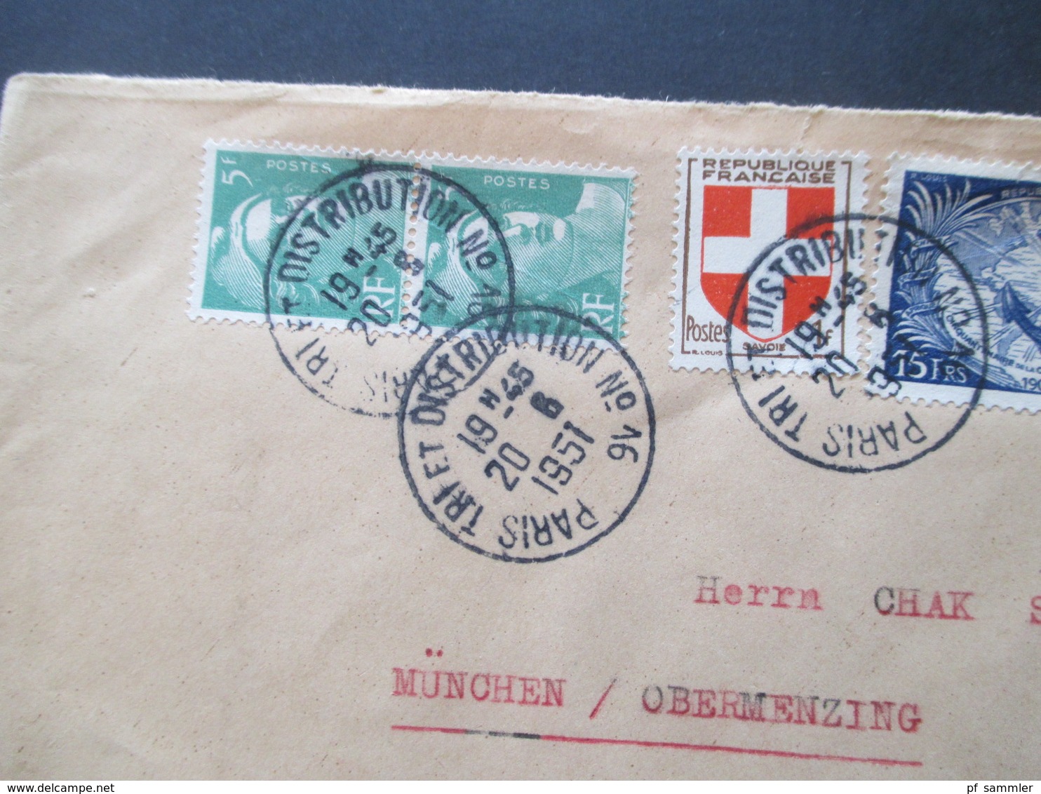 Frankreich 1951 MiF Stempel Paris Tri E.T. Distribution No 16 Absender Poste Restante La Bernerie Nach München - Cartas & Documentos