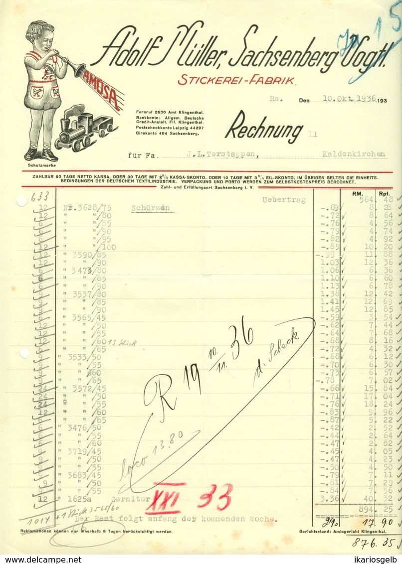 SACHSENBERG = Georgenthal Sachsen Rechnung 1936 Farbig Deko " AMÜSA Adolf Müller - Stickereifabrik " - Textile & Vestimentaire