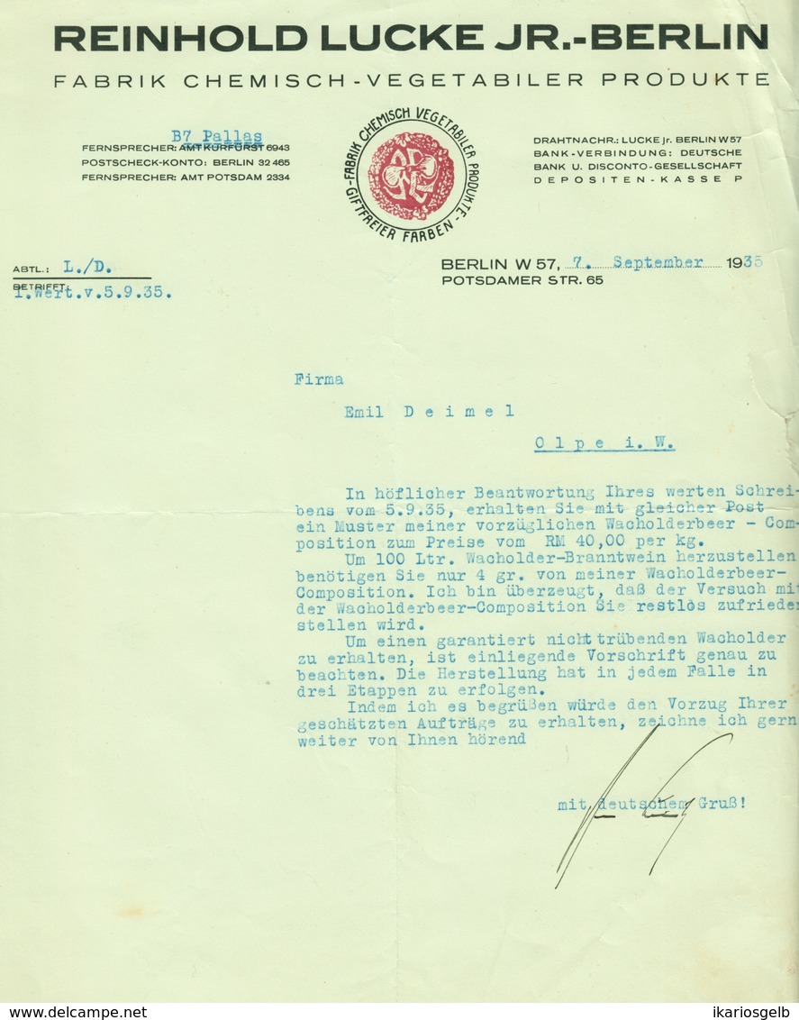 BERLIN Rechnung 1935 Farbig Deko " Reinhold Lucke - Fabrik Chemische Lebensmittelprodukte " - Alimentos