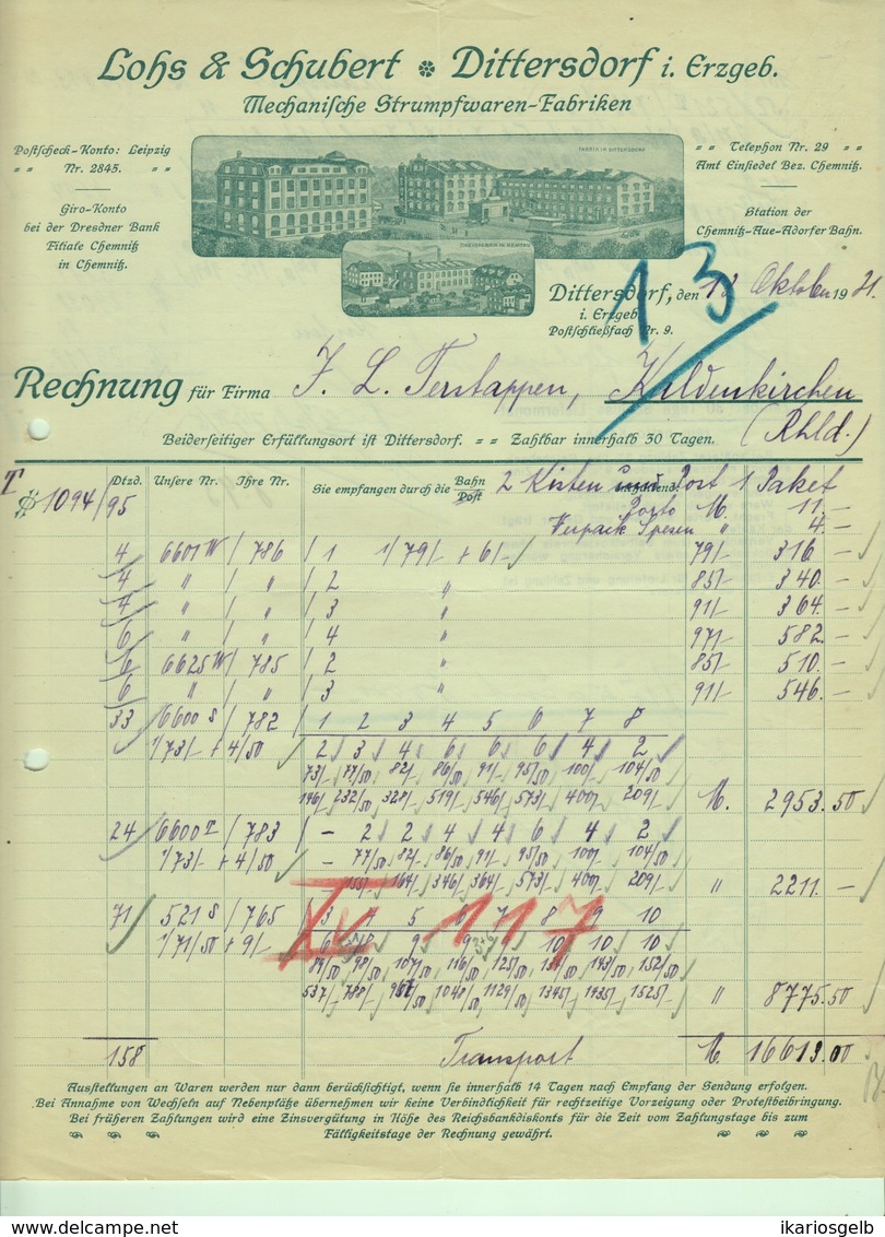 DITTERSDORF Erzgebirge U Kemtau Rechnung 1921 Deko " Lohs&Schubert - Mechanische Strumpfwarenfabriken " - Textilos & Vestidos