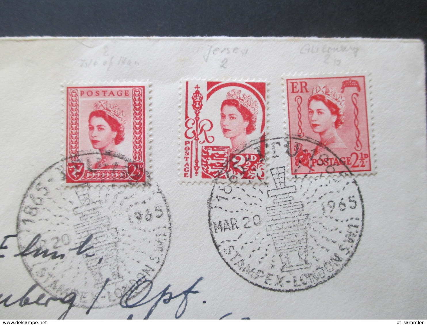 GB 1865 Regionalausgaben Der Britischen Post Guernsey Nr. 2, Isle Of Man Nr. 2 U. Jersey Nr. 2 SST Stampex London - Lokale Uitgaven