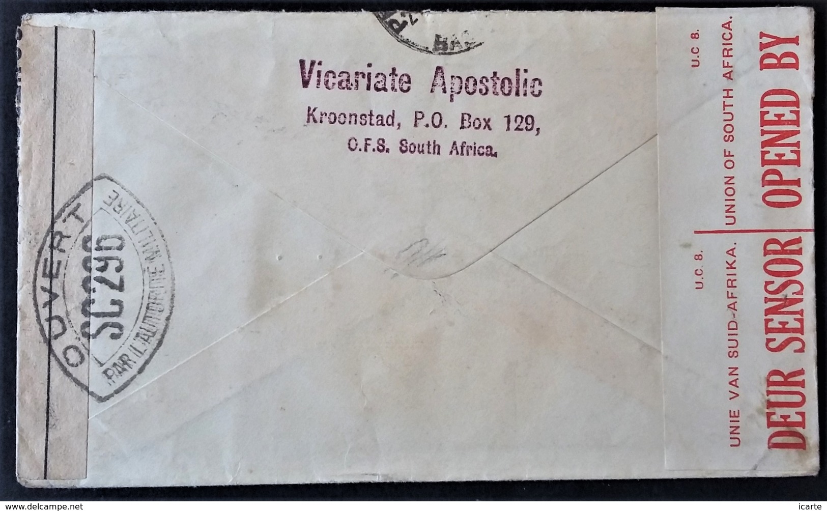 Enveloppe Du Vicariat Apostolique De KROONSTAD Afrique Du Sud Vers PFAFFENHOFFEN Alsace Nov 1940 Censure SC296 - Guerre De 1939-45