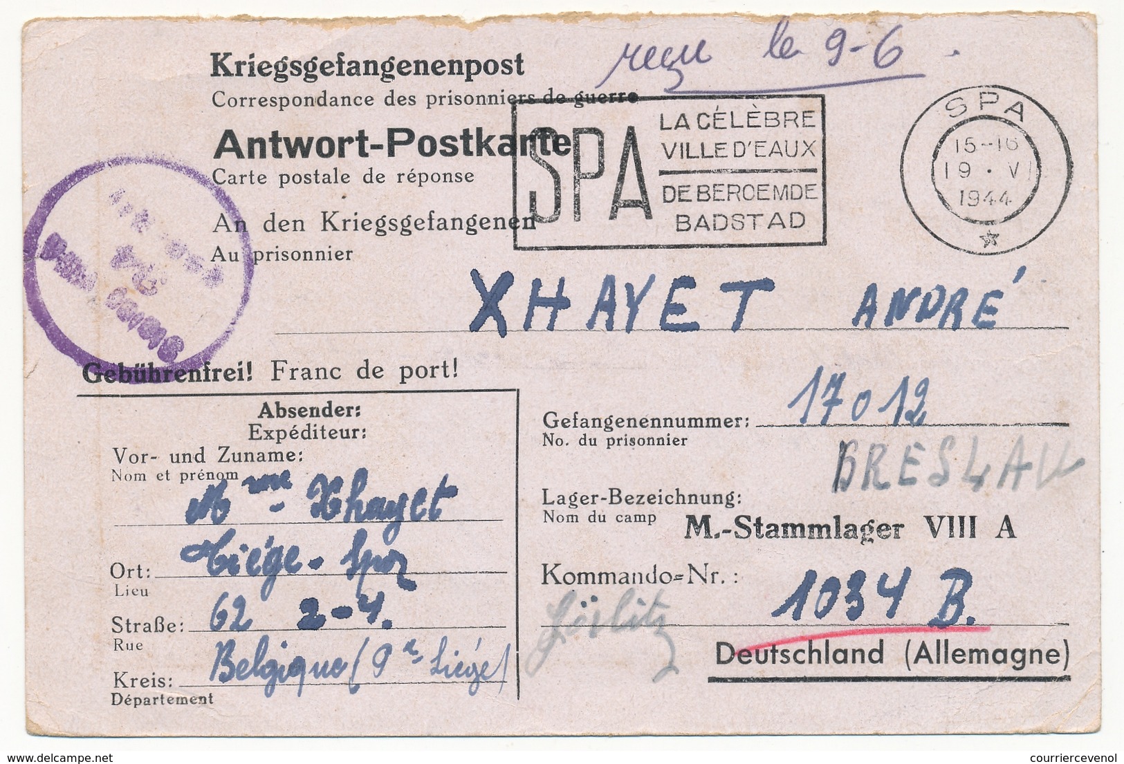 BELGIQUE - Carte Réponse Pour Prisonnier De Guerre Stalag VIIIA - 1944 Depuis SPA - Guerre 40-45 (Lettres & Documents)