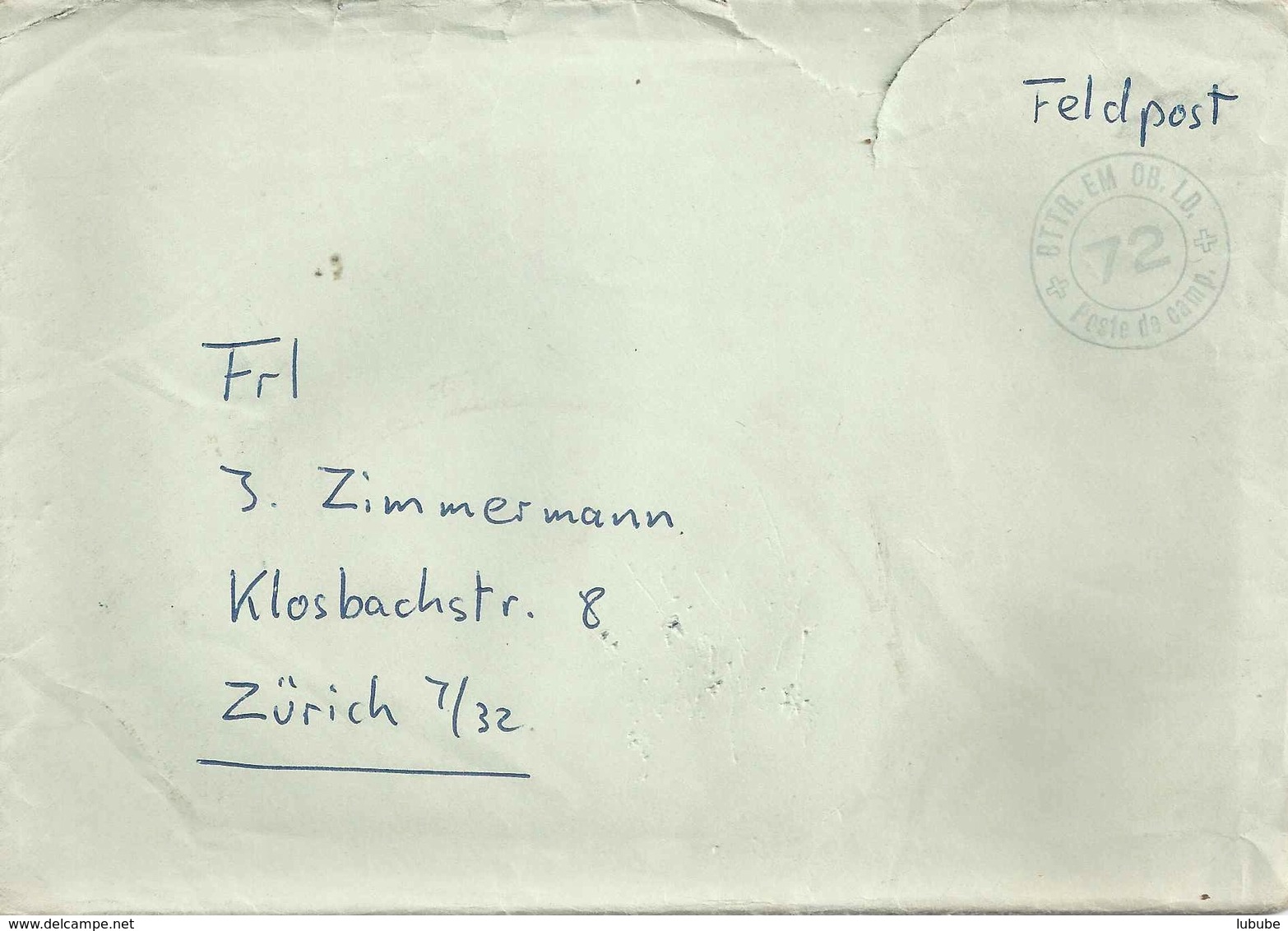 Feldpost Brief  "Bttr. Em.Ob.Ld. 72"       Ca. 1950 - Abstempelungen