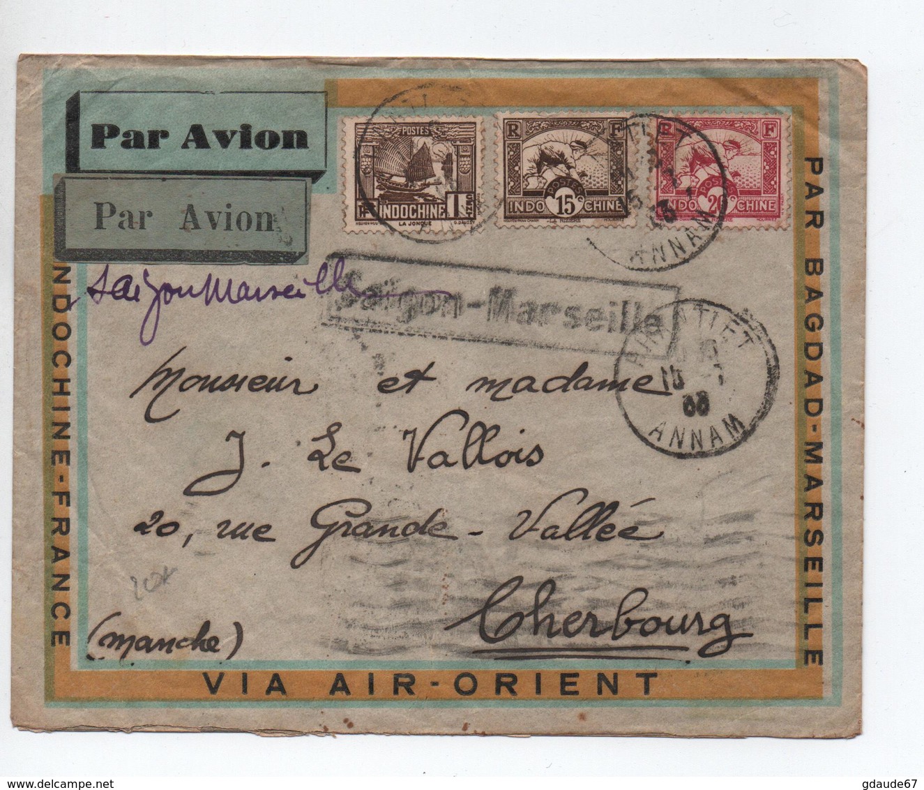 1933 - ENVELOPPE PAR AVION De PHANTIET (ANNAM) Pour CHERBOURG - Cartas & Documentos