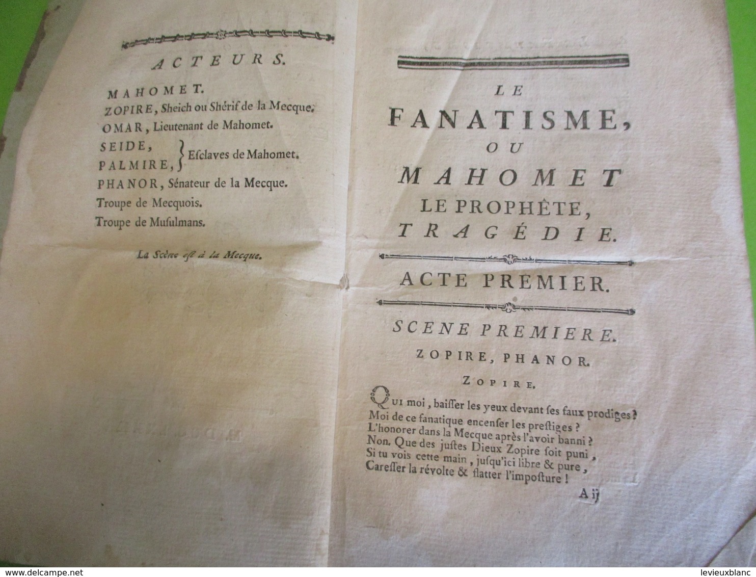 Fascicule Théâtre/ "Le Fanatisme ou MAHOMET le Prophéte "/ M de VOLTAIRE/ Tragédie/1780  FAT14