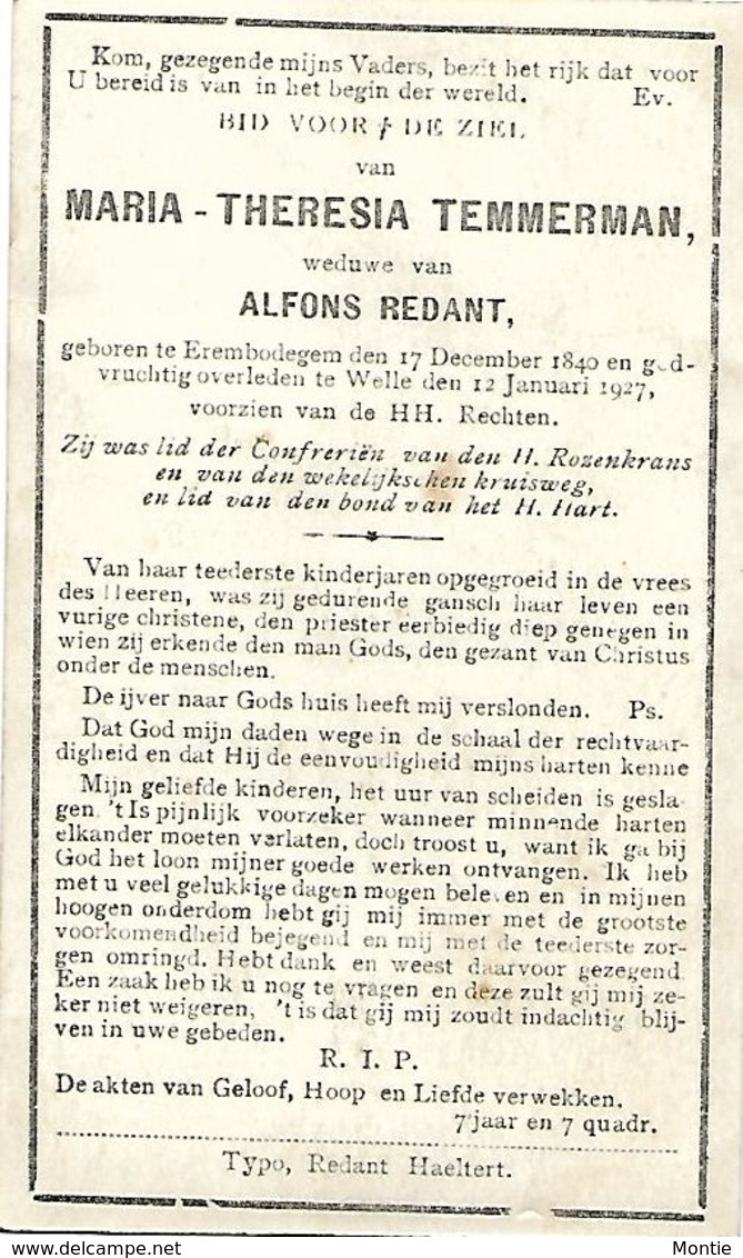 Maria-Theresia Temmerman Wed. Alfons Redant °Erembodegem 1840 + Welle 1927 - Images Religieuses