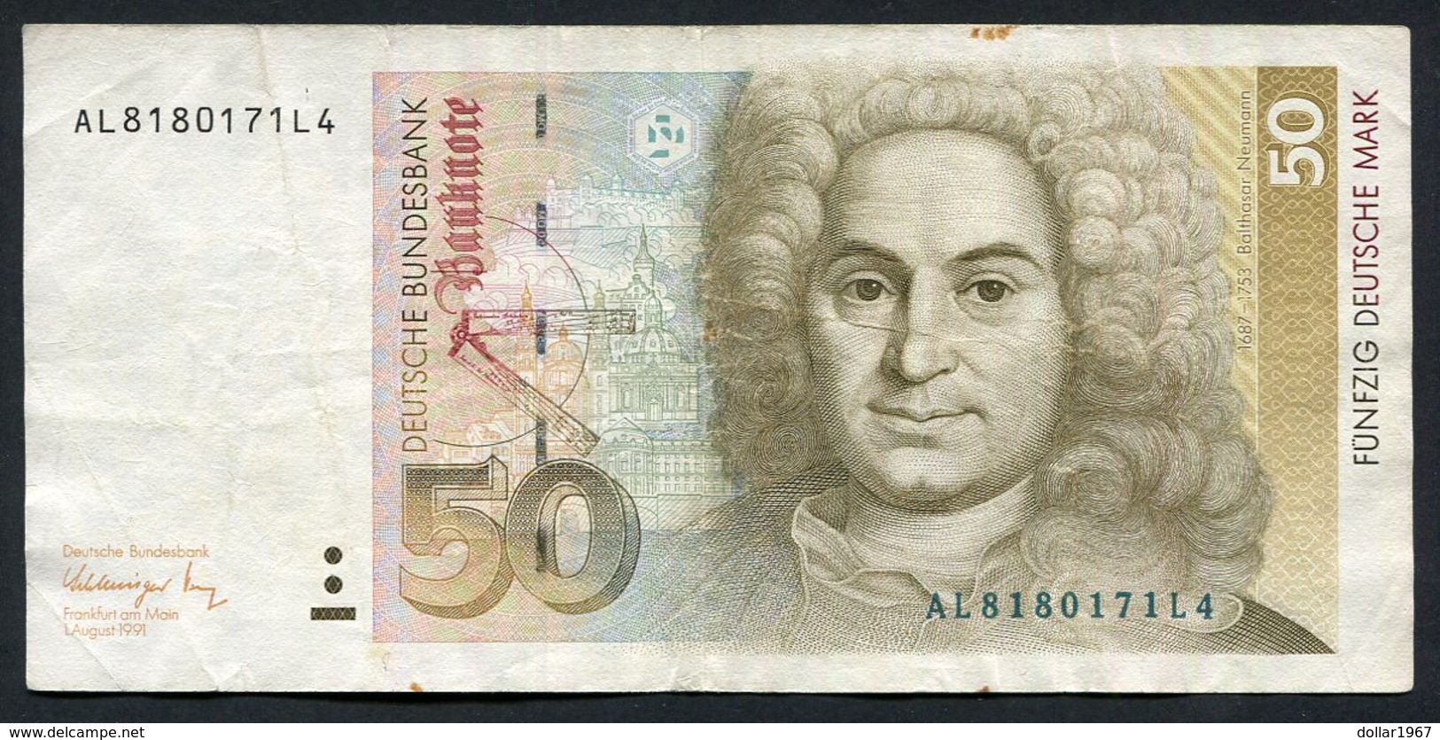 50 Dm / Deutsche Mark / Bundesbanknote 1-8-1991 (AL) - See The 2 Scans For Condition.(Originalscan ) - 50 Deutsche Mark