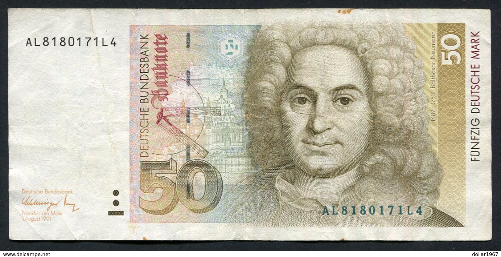 50 Dm / Deutsche Mark / Bundesbanknote 1-8-1991 (AL) - See The 2 Scans For Condition.(Originalscan ) - 50 DM